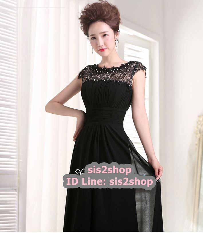 พร้อมส่ง ชุดราตรียาว สีดำ แต่งลูกไม้ประดับคริสตัส กระโปรงผ้าชีฟอง แบบเซ็กซี่โชว์หลัง