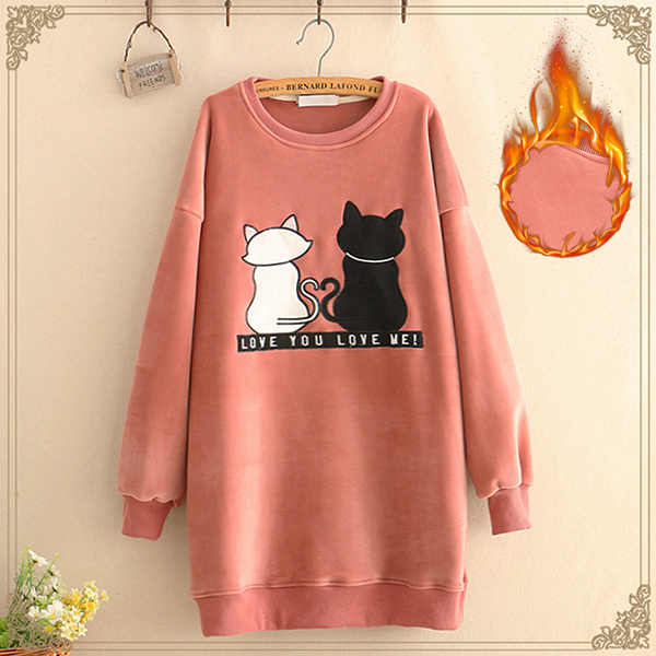 เดรสกันหนาว แขนยาว ผ้ากำหยี่หนานุ่มปักลายแมว (12335LM)