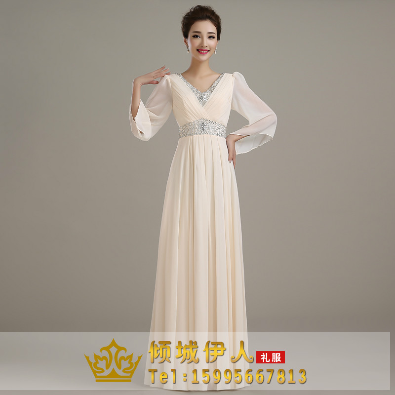 Pre-order ชุดราตรียาว แขนยาว ผ้าชีฟอง คอวี แต่งเลื่อม ซิปหลัง มีไซส์ใหญ่ S-5XL