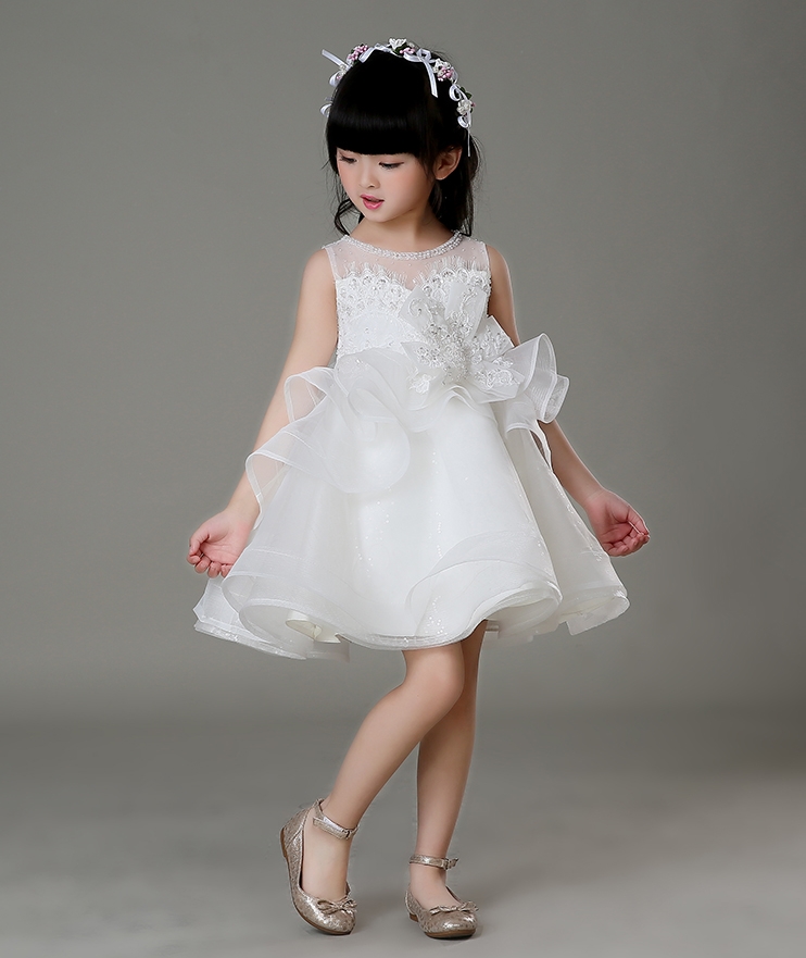 Pre-order ชุดราตรีเด็ก ชุดออกงาน ชุดกระโปรง สไตล์เจ้าหญิง แขนกุด ผ้าลูกไม้ช่วงอก ปักเลื่อม กระโปรงผ้าแก้ว เป็นชั้น ๆ มีซิปหลัง