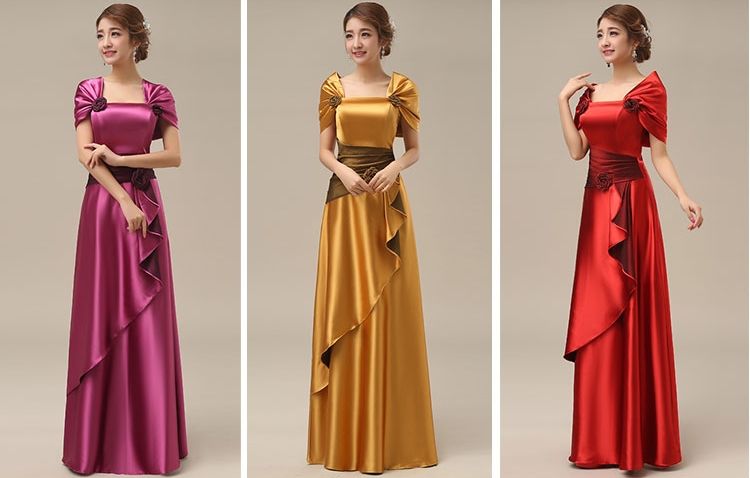 Pre-order ชุดราตรียาว ปิดไหล่ แต่งดอกกุหลาบ จับจีบสวย ผ้าซาติน ซิปหลัง มีไซส์ใหญ่