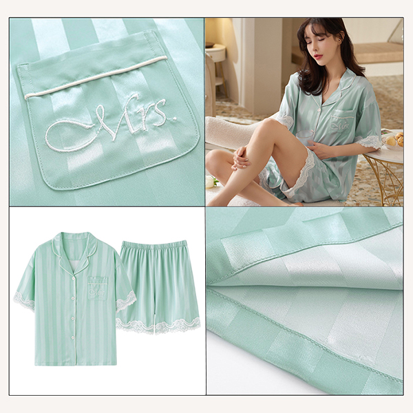 🚩พร้อมส่ง🚩ชุดนอน Silk Satin แขนสั้นขาสั้น ชุดนอนซาตินเกรดพรีเมี่ยม ผ้านุ่มลื่นละมุนผิว แต่งปักลูกไม้ (CT116-4)