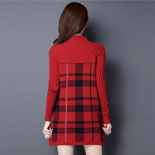 เดรสคอเต่ากันหนาว ไหมพรมกึ่งวูลหนานุ่มทอลาย (11767B)