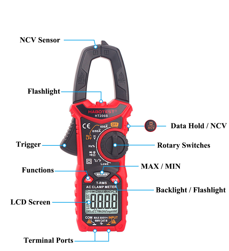 ดิจิตอลแคลมป์มิเตอร์ AC 600A HABOTEST รุ่น HT206B
