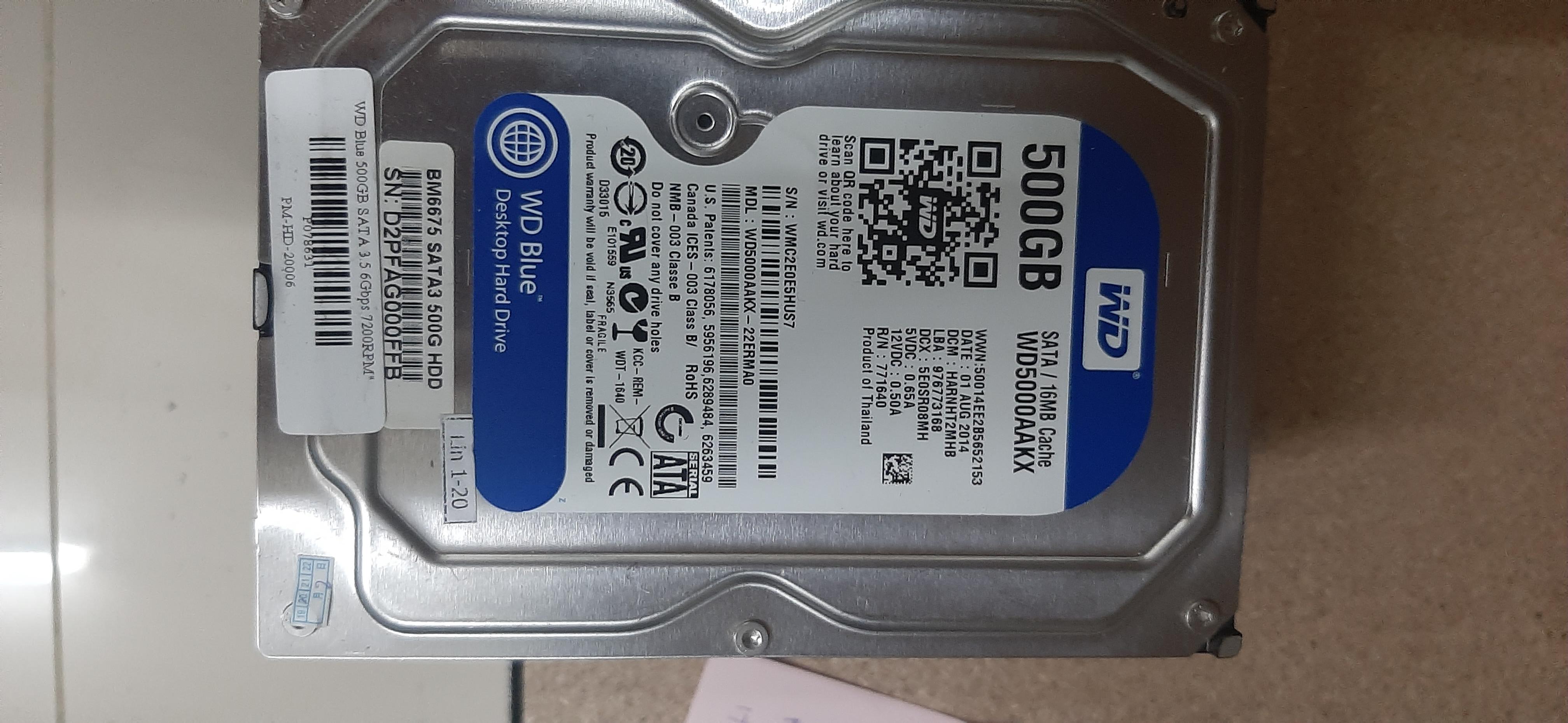 HDD WD Blue 500GB SATA 3.5 6Gbps 7200RPM" มือสอง พร้อมสาย Sata