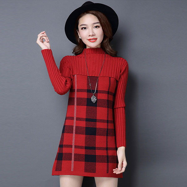 เดรสคอเต่ากันหนาว ไหมพรมกึ่งวูลหนานุ่มทอลาย (11767B)