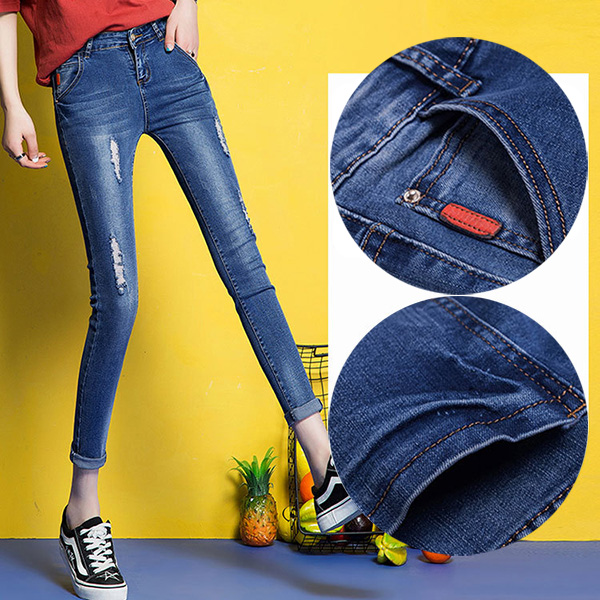 กางเกงยีนส์ทรงสกินนี่ ขายาวแปดส่วน แต่งขาแนวเซอร์ (11932X)