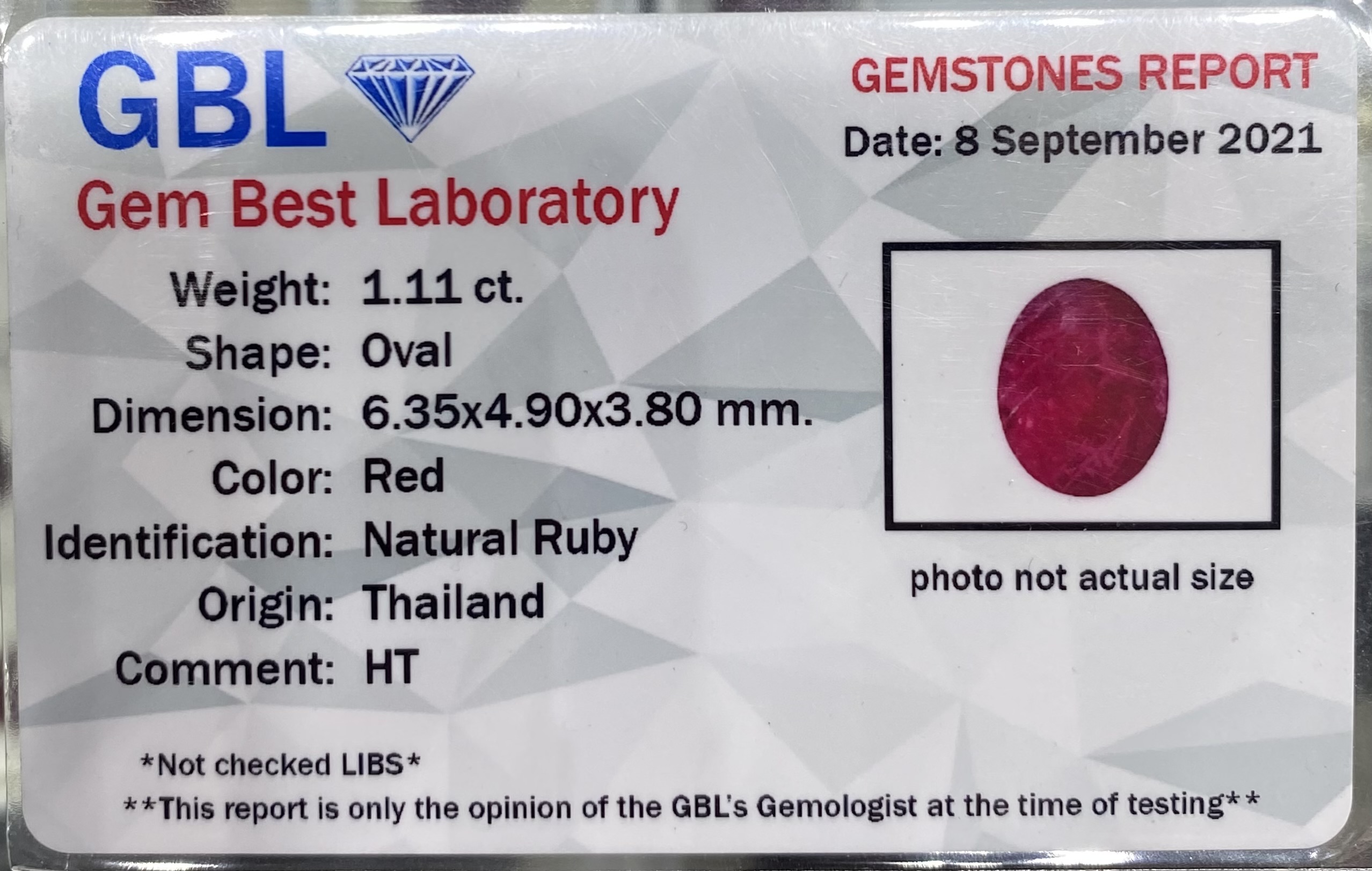 พลอย ทับทิม สยาม (Siam Ruby Sapphire) 1.11 กะรัต (Cts.) พร้อมใบเซอร์ พลอยแท้ อัญมณีมงคลประจําวันเกิด เครื่องประดับพลอย