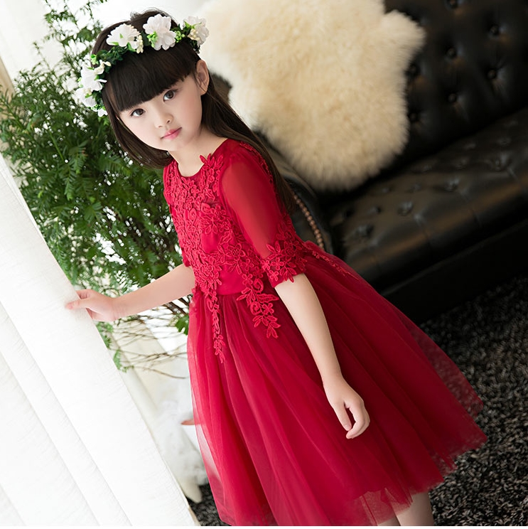 Pre-order ชุดราตรีเด็ก ชุดออกงาน ชุดกระโปรง สไตล์เจ้าหญิง แขนยาว แต่งผ้าลูกไม้ช่วงอก กระโปรงตาข่าย มีซิปหลัง