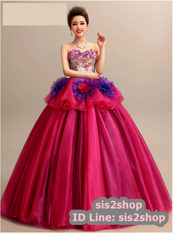 พร้อมเช่า ชุดแฟนซี ชุดราตรียาว แบบเกาะอก กระโปรงพองสวยสีม่วง แต่งดอก (เชือกผูกหลัง)