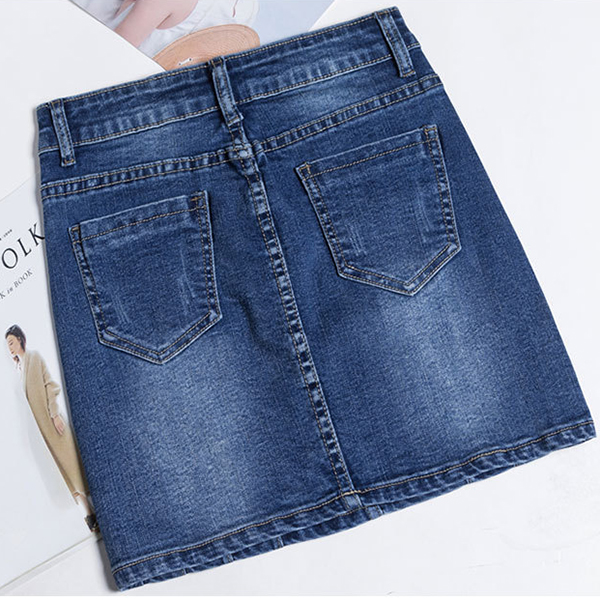 กระโปรงยีนส์แฟชั่น ทรงเอ แต่งกระเป๋าคู่ (11802X)