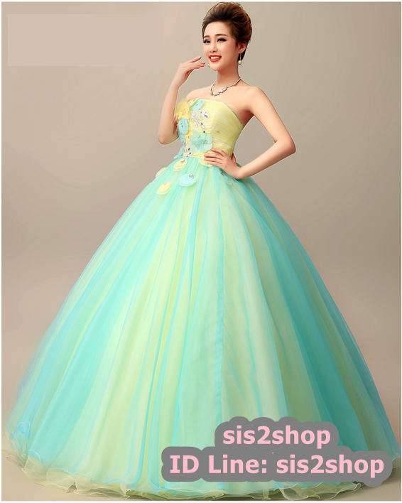 พร้อมเช่า ชุดแฟนซี ชุดราตรียาว เกาะอก แต่งดอกช่วงบน สีฟ้าเหลือง กระโปรงพองสวย สไตล์เจ้าหญิง