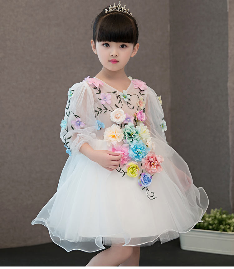 Pre-order ชุดแฟนซี ชุดกระโปรง แขนยาว แต่งดอกไม้สามมิติหลากสี กระโปรงผ้าแก้ว ซิปหลัง