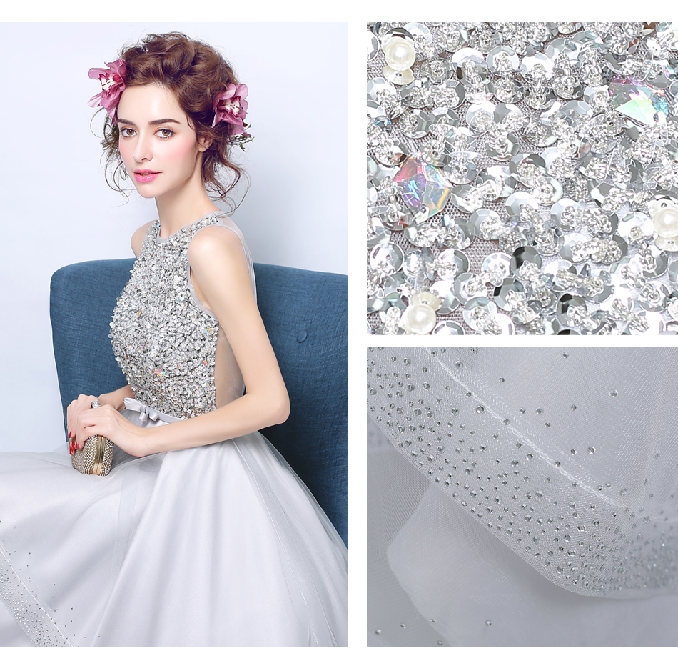 Pre-order ชุดแฟนซี ชุดเจ้าสาว ชุดราตรีสั้น สีเทาอ่อน แขนกุด ปักเลื่อมช่วงบน กระโปรงตาข่าย สวยหรู