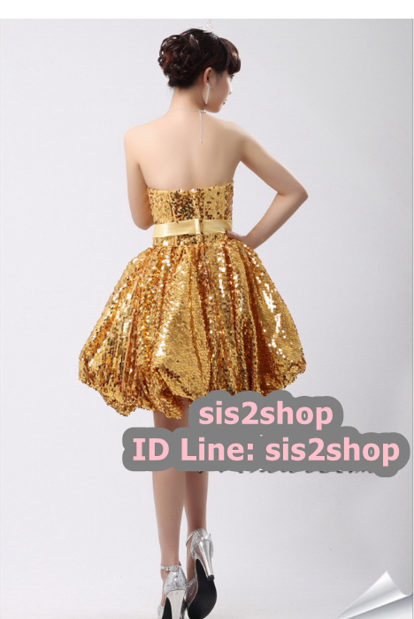 พร้อมเช่า ชุดราตรีสั้น เกาะอก สีทอง Glitter กระโปรงทรง Balloon