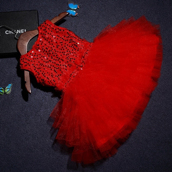 Pre-Order ชุดราตรีเด็ก สไตล์เจ้าหญิง แขนกุด สีแดง สีไวน์แดง เสื้อปักเลื่อม กระโปรงตาข่ายเป็นชั้น ๆ ซิปหลัง