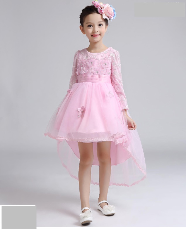 Pre-order ชุดราตรีเด็ก หน้าสั้นหลังยาว แขนยาว ผ้าลูกไม้ กระโปรงตาข่าย ปักเลื่อม แต่งดอกไม้ แต่งโบว์ ซิปหลัง