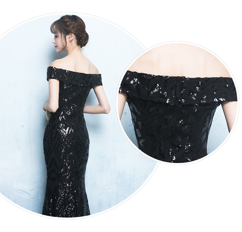 Pre-order ชุดราตรียาวแบบปาดไหล่ทรงหางปลา สีดำปักเลื่อมสวยหรู