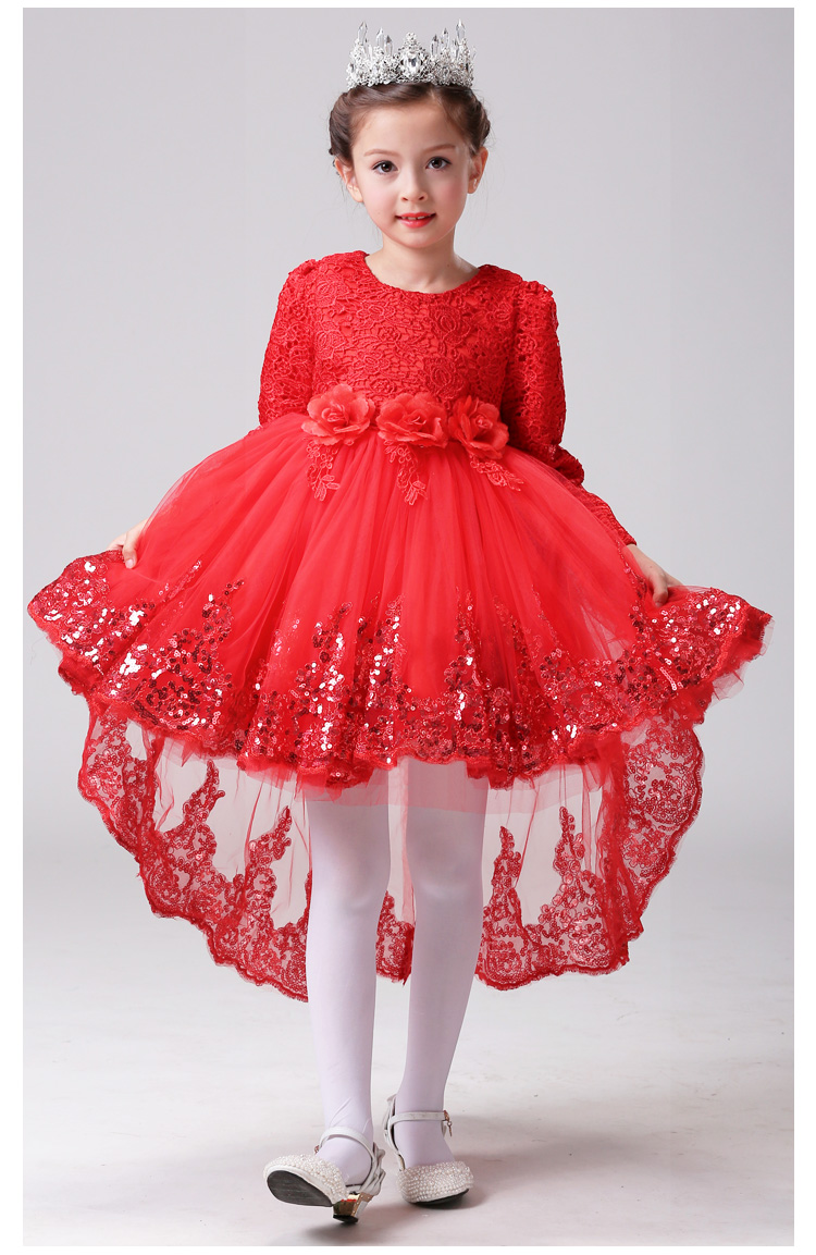 Pre-order ชุดราตรีเด็ก หน้าสั้นหลังยาว แขนยาว กระโปรงตาข่าย แต่งดอกไม้ช่วงเอว ปักเลื่อมที่ชายกระโปรง แต่งโบว์ด้านหลัง สวยน่ารัก