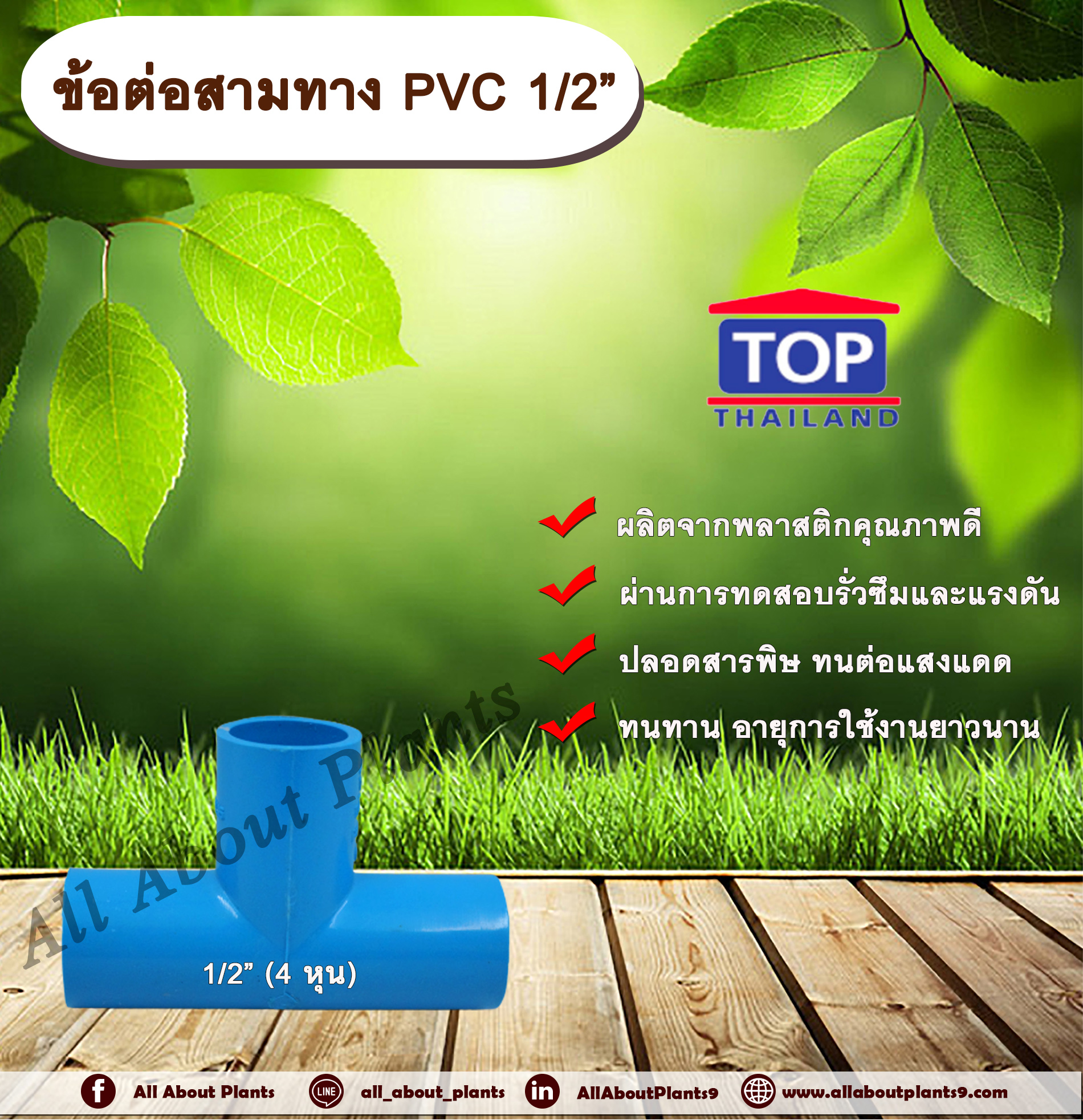 ข้อต่อสามทางPVC ตรา TOP 1/2”(4หุน) ข้อต่อสามทางท่อPVC ขนาด 1/2นิ้ว หรือ 4หุน allaboutplants ชิ้น