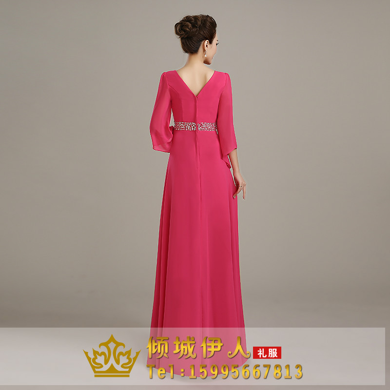 Pre-order ชุดราตรียาว แขนยาว ผ้าชีฟอง คอวี แต่งเลื่อม ซิปหลัง มีไซส์ใหญ่ S-5XL