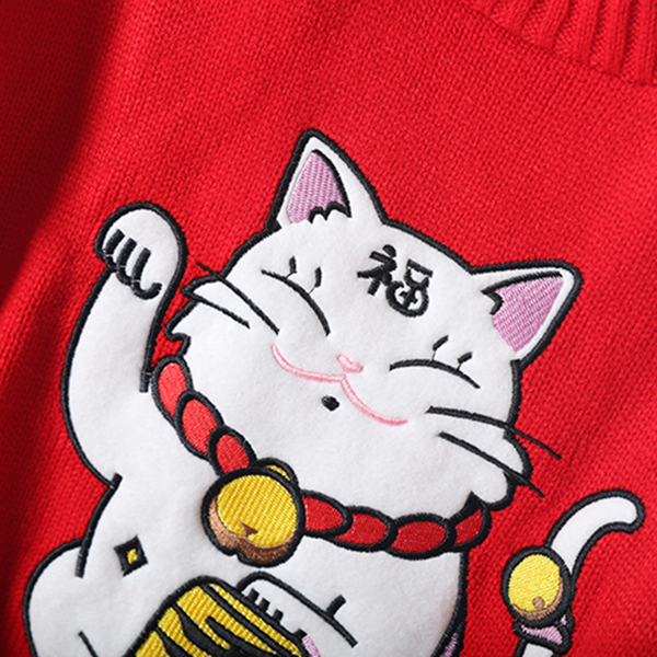 เสื้อไหมพรมคอเต่า แขนยาว ปักผ้ากำมะหยี่ลายแมว (12269B)