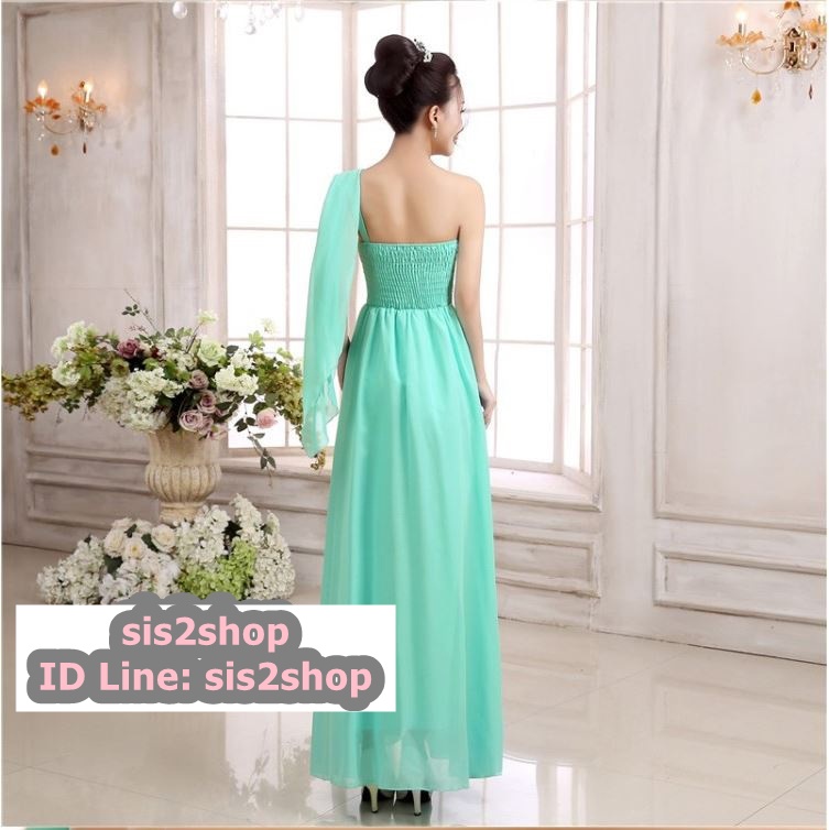 พร้อมส่ง ชุดเดรสยาว เกาะอก ไหล่เดียว จับสม๊อกด้านหลัง สีฟ้ามิ้น