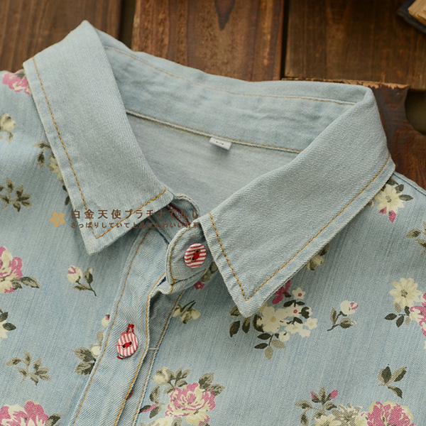 เสื้อเชิ้ตแขนยาว ผ้ายีนส์นิ่มลายดอกสไตล์วินเทจ (12094LM)