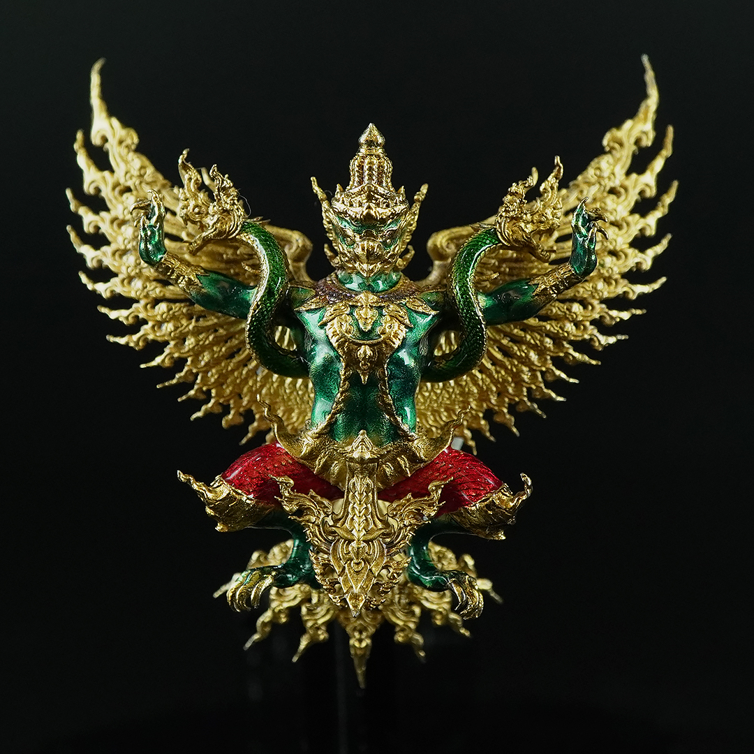 พญาครุฑพิษฐาน รหัส 9 เนื้อบรอนซ์ชุบทองลงยากายเขียว