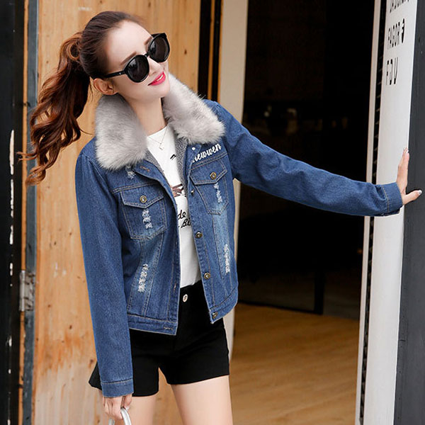 เสื้อแจ็คเก็ตกันหนาวบุผ้าขนแกะใส่ติดลบ คอปกแต่งเฟอร์ถอดได้ (12042X)