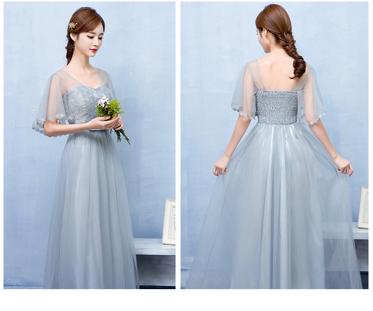 พร้อมส่ง ชุดราตรียาว เพื่อนเจ้าสาว กระโปรงตาข่าย สีเทา แขนระบาย พรางต้นแขน อกแต่งลูกไม้ พร้อมโบว์คาดเอว (จับสม๊อกด้านหลัง)