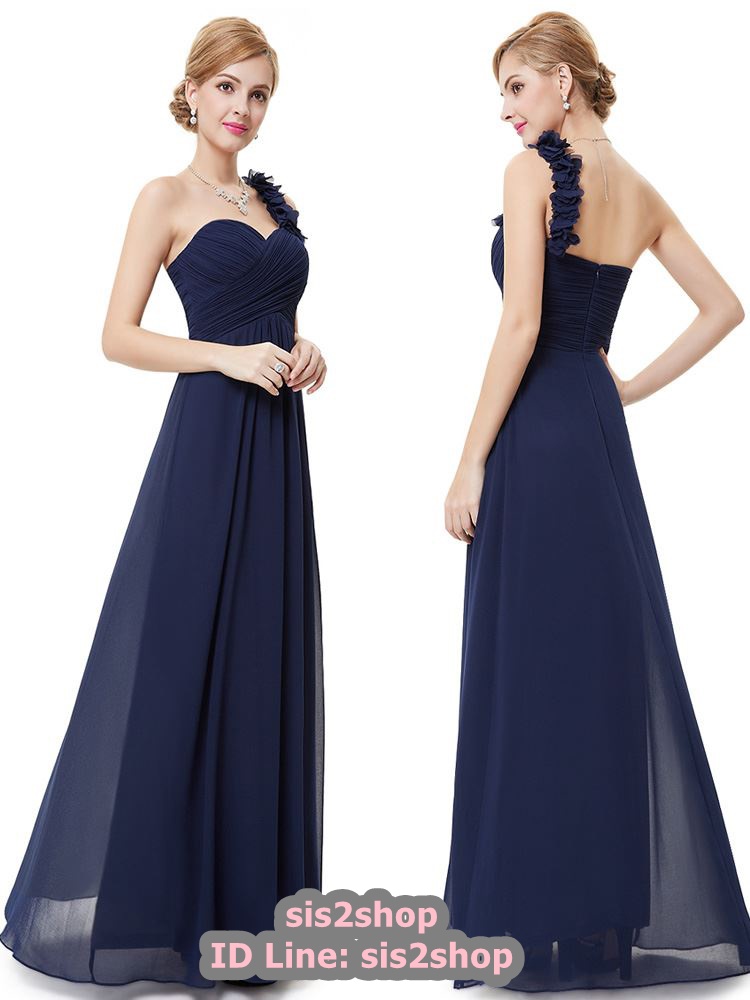 พร้อมส่ง ชุดราตรียาว เกาะอก ไหล่เดียว สีกรมท่า จับเดรปไขว่ช่วงหน้าอก แต่งดอกไม้ช่วงไหล่ (XL- 4XL)