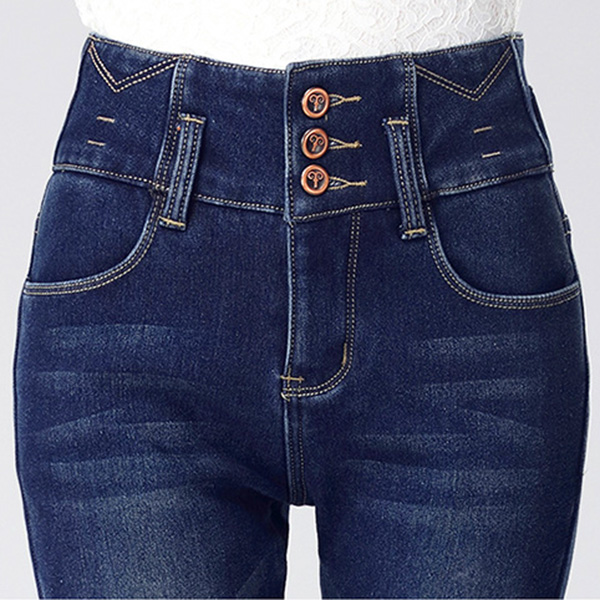 กางเกงยีนส์กันหนาว เอวสูง ทรงสลิม ซับกำมะหยี่ใส่ติดลบได้ (12223X)