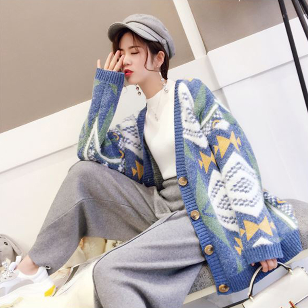 Premium Cardigan เสื้อคลุมไหมพรมขนนุ่ม คอวี ถักลายสไตล์วินเทจ (12273B)