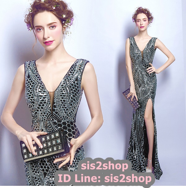 พร้อมเช่า ชุดราตรียาว ชุดออกงานกลางคืน งานพรอม แบบแขนกุด สีดำปักเลื่อมทั้งชุด หรูหรา Sexy แหวกหน้าขา โชว์หลัง