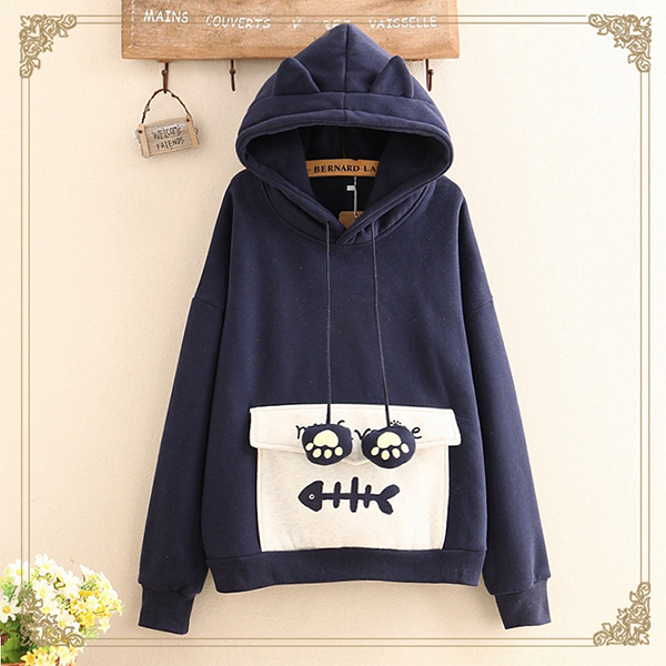 เสื้อสเวตเตอร์กันหนาว เสื้อฮู้ดแต่งหูแมวมีกระเป๋าใหญ่น่ารัก (12338LM)