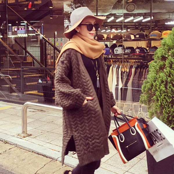 เสื้อโค้ทกันหนาวไหมพรมกึ่งวูลหนานุ่ม แต่งกระเป๋าคู่ (11986B)