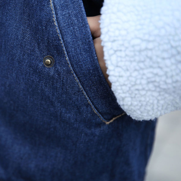 เสื้อโค้ทกันหนาวตัวสั้น ผ้ายีนส์นิ่มซับขนแกะ ฮู้ดแต่งเฟอร์ถอดได้ (12034X)