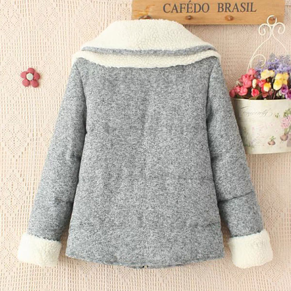 เสื้อโค้ทกันหนาววินเทจ ปกใหญ่แต่งขนแกะสองชั้น (12046LM)