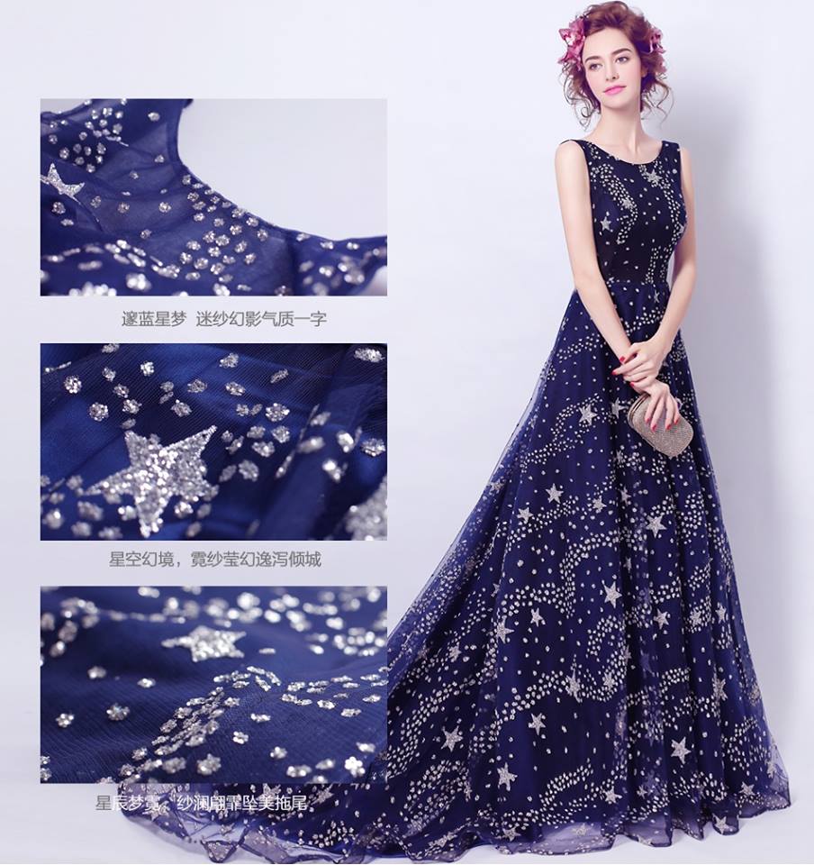 Pre-order ชุดแฟนซี ชุดราตรียาว แขนกุด สีกรมท่า แต่งกากเพชร รูปดาว ด้านหลังเว้า เซ็กซี่ ซิปหลัง