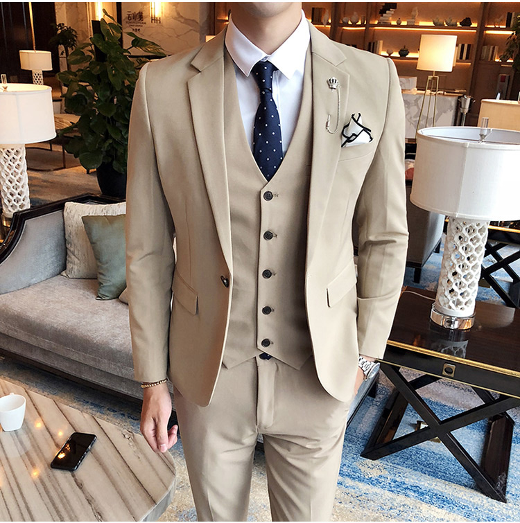 เช่า ชุดสูทชาย สีเบจกากี สไตล์เกาหลี เซต 3 ชิ้น