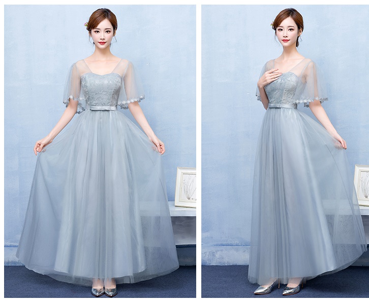 พร้อมส่ง ชุดราตรียาว เพื่อนเจ้าสาว กระโปรงตาข่าย สีเทา แขนระบาย พรางต้นแขน อกแต่งลูกไม้ พร้อมโบว์คาดเอว (จับสม๊อกด้านหลัง)