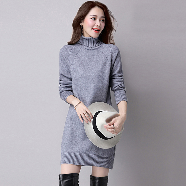 เดรสคอเต่ากันหนาว เดรสคอพับ ผ้าไหมพรมวูลหนานุ่ม (12170B)