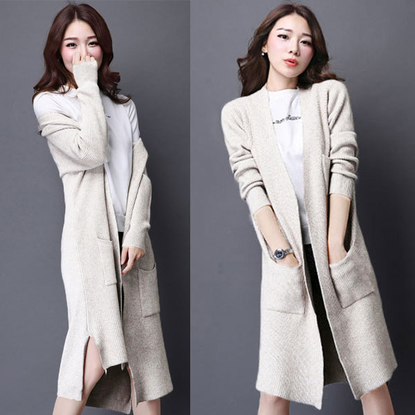 เสื้อคลุมกันหนาวตัวยาว ผ้าไหมพรมกึ่งวูลหนานุ่ม แต่งกระเป๋าคู่ (11657B)