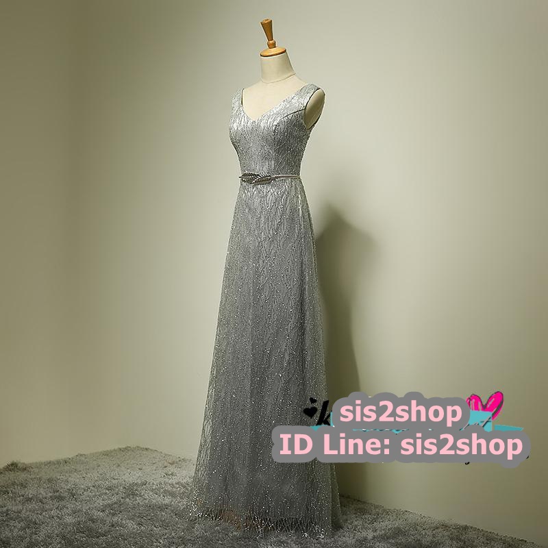 พร้อมส่ง ชุดราตรียาว แขนกุด สีเทาเงิน แต่งเกล็ดสีเงิน ระยิบระยับ มาพร้อมเข็มขัดรูปใบไม้สีเงินเข้าชุด