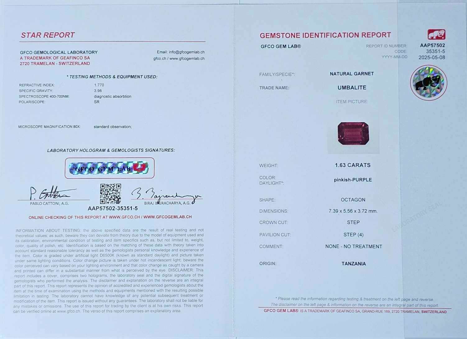 พลอย อุมบาไลต์ การ์เน็ต Umbalite Garnet 1.63 กะรัต (Cts.) ดิบ Unheated พร้อมใบเซอร์ พลอยแท้ อัญมณีมงคลประจําวันเกิด เครื่องประดับพลอย