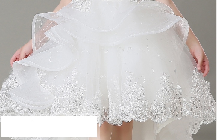 Pre-order ชุดราตรีเด็ก ชุดออกงาน ชุดกระโปรงสไตล์เจ้าหญิง แขนสั้น คอวี แต่งลูกไม้ กระโปรงผ้าแก้ว แต่งลูกไม้ชายกระโปรง ปล่อยชายด้านหลัง มีซิป