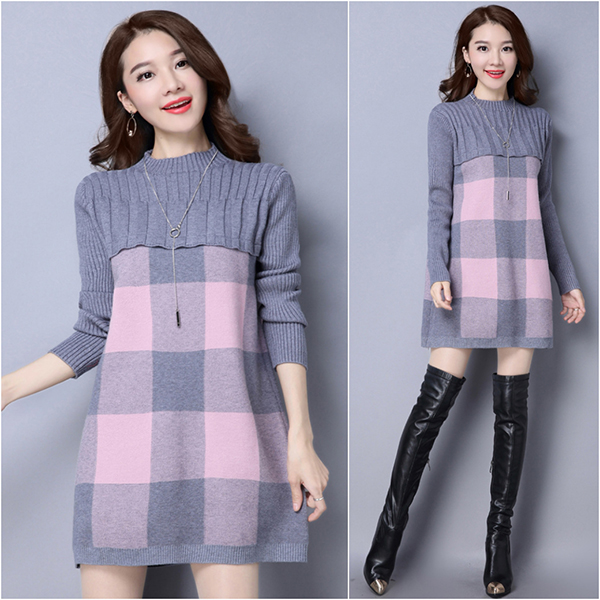 เดรสไหมพรมคอเต่า แขนยาว ถักลายตาราง (12219B)