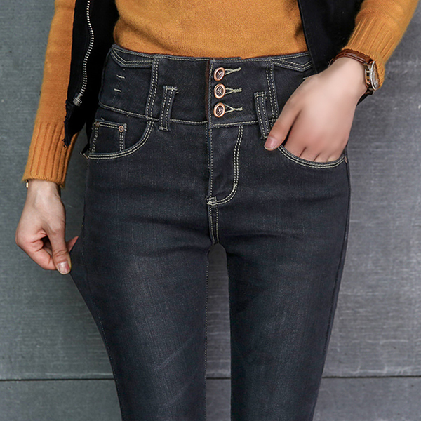 กางเกงยีนส์กันหนาว เอวสูง ทรงสลิม ซับกำมะหยี่ใส่ติดลบได้ (12339X)