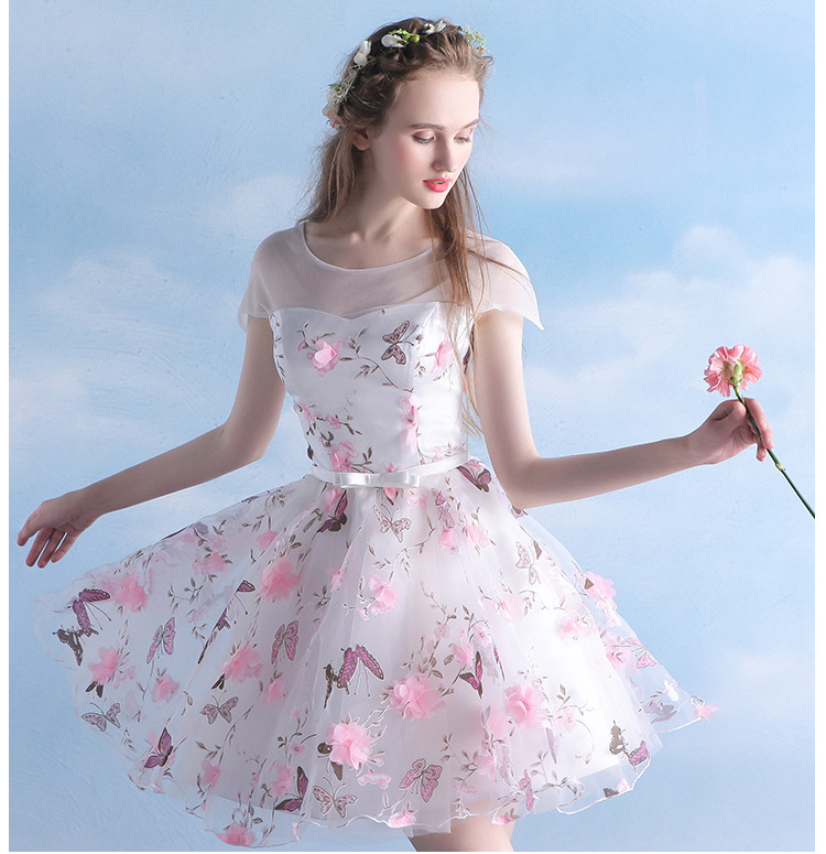 Pre-order ชุดราตรีสั้น ชุดเพื่อนเจ้าสาว ตกแต่งด้วยลายดอกไม้ทั้งชุด กระโปรงผ้าแก้ว สีชมพู สีครีมแชมเปญ สีม่วง (เชือกผูกหลัง)